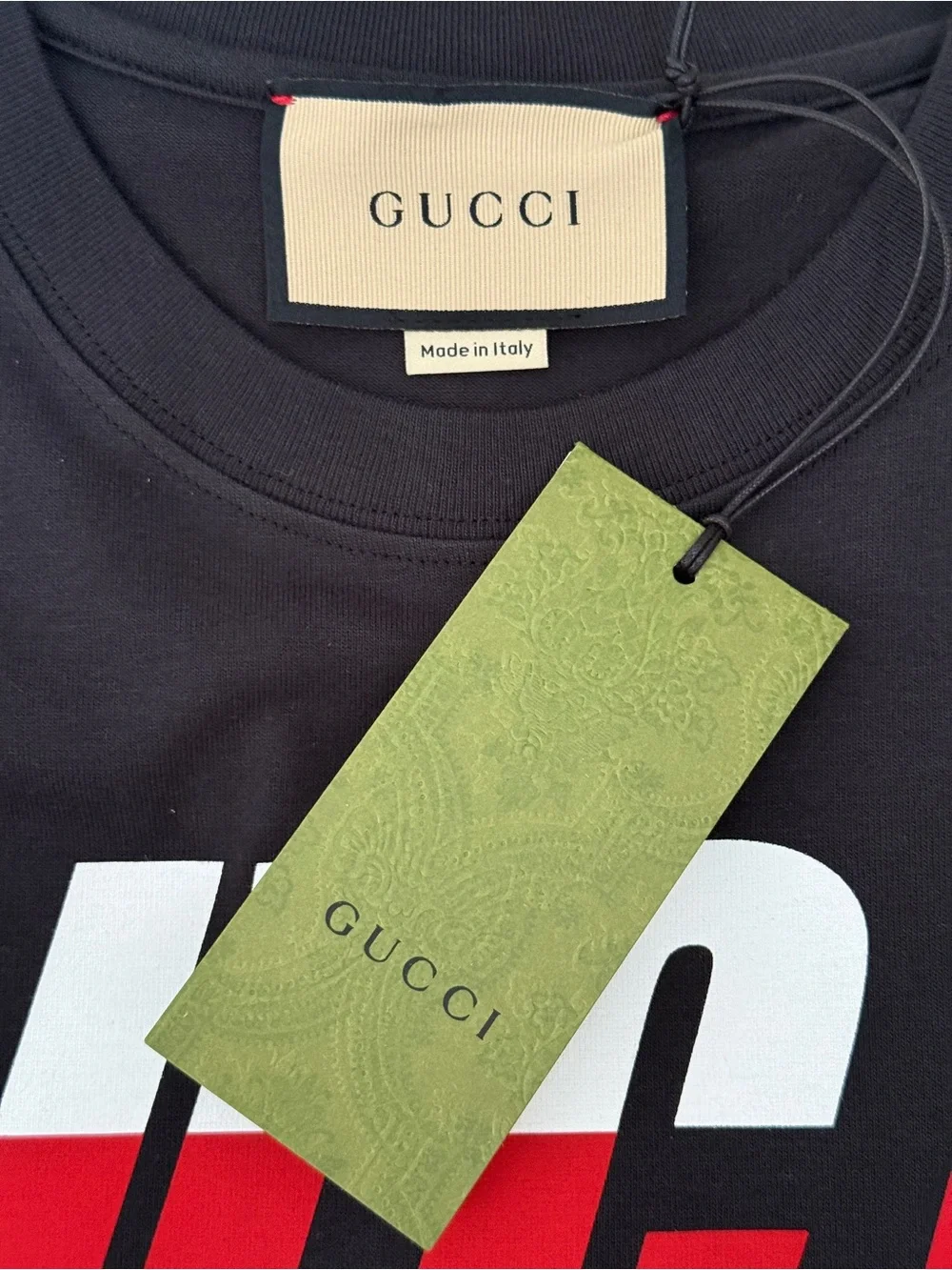 Gucci Black Short-Sleeve Logo Tee with Red and White Graphic